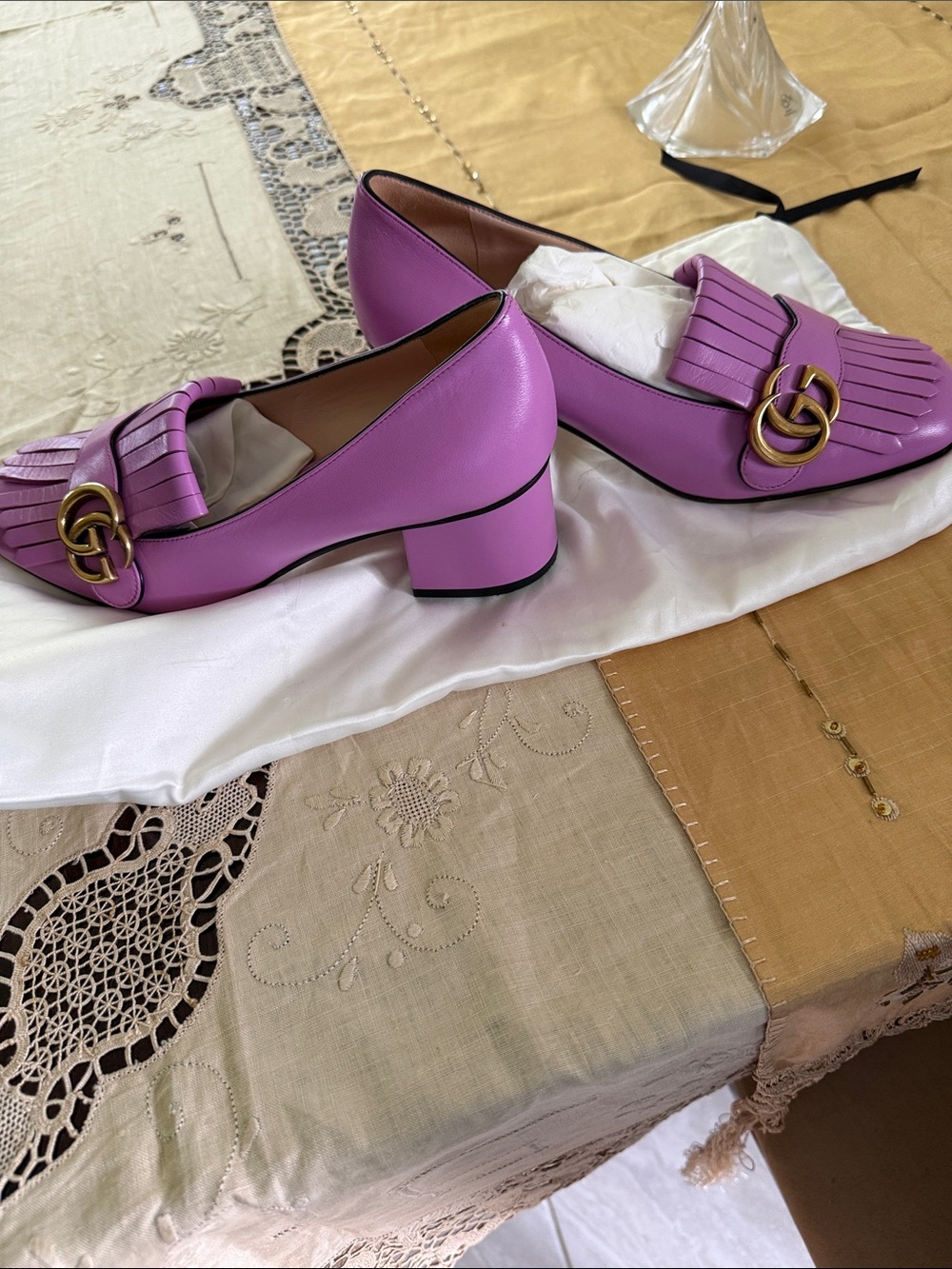 Gucci Lilac Leather Fringe Loafers with Gold Double G